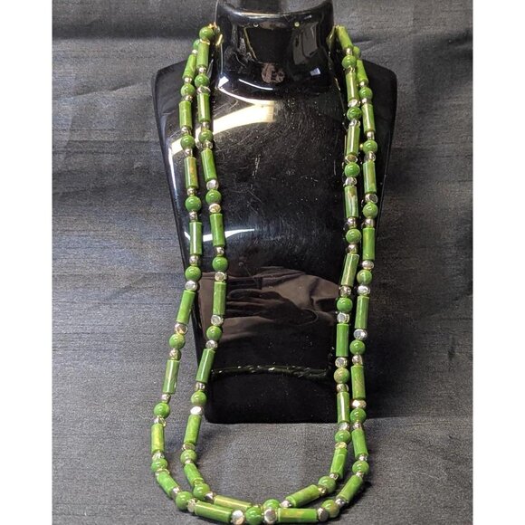 3 for $30  Vintage faux Jade and silver beaded necklace | Long 26 inches - Picture 4 of 6